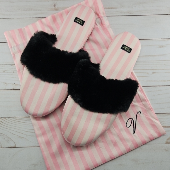 VS Victoria Secret‎ Signature Satin Fur Slippers Pink White Stripes Black Large - Picture 1 of 8